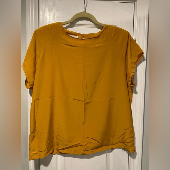 VTG Mustard Yellow Short Sleeve Keyhole Shell Blouse Shoulder Pads Size 14 - Picture 1 of 12